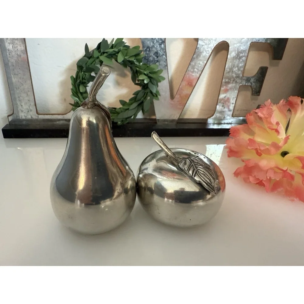 Vintage Kirk Stieff Lenox Pewter Apple & Pear Salt‎ & Pepper Shakers Fruit EUC